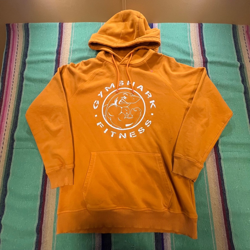 Gymshark Hoodie Mens Large Orange Graphic Logo Pullover Fitness Sweatshirt